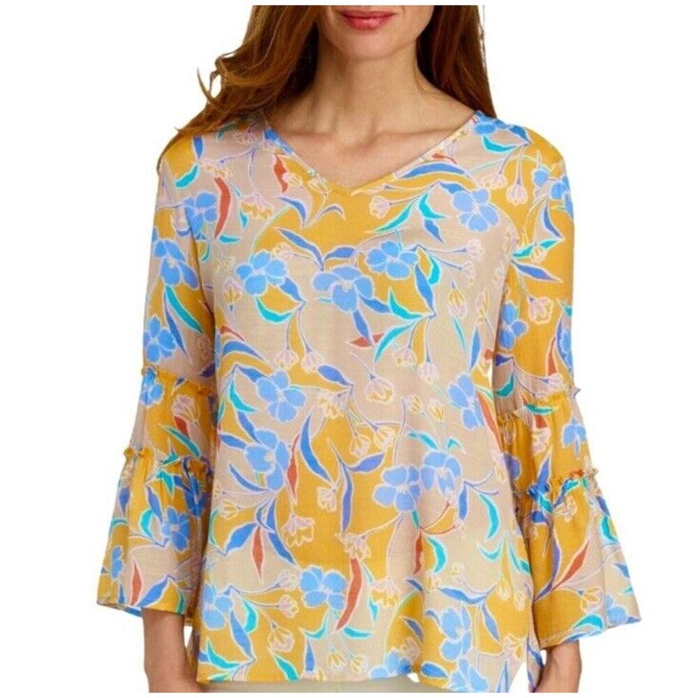 ZAC & RACHEL Top Womens Size M Floral Bell Sleeve Gauzy Blouse Tunic Boho Pastel